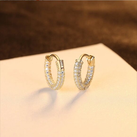 Elegant Pave Huggie Earrings in Gold & Silver. 925 Sterling Silver. #1004 - Picture 7 of 7